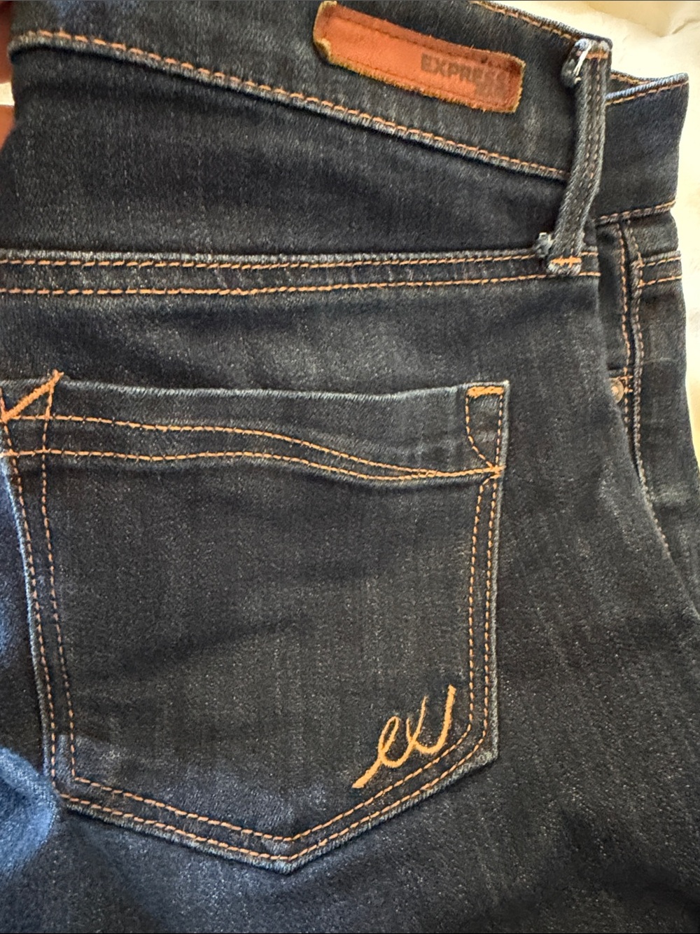 Express Women's Skinny Dark Indigo Jeans with Orange Stitching